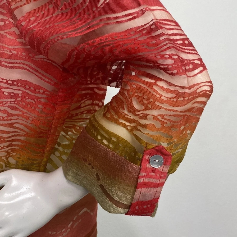 Red Green Tropical Sunset Sheer Burn Out Bohemian Collared Button Front Blouse - Picture 5 of 5